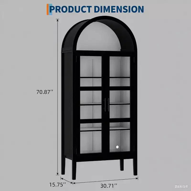 COZONY 70 Mobile dispensa da cucina ad arco con luci LED e ante in vetro, libreria con ripiani regolabili
