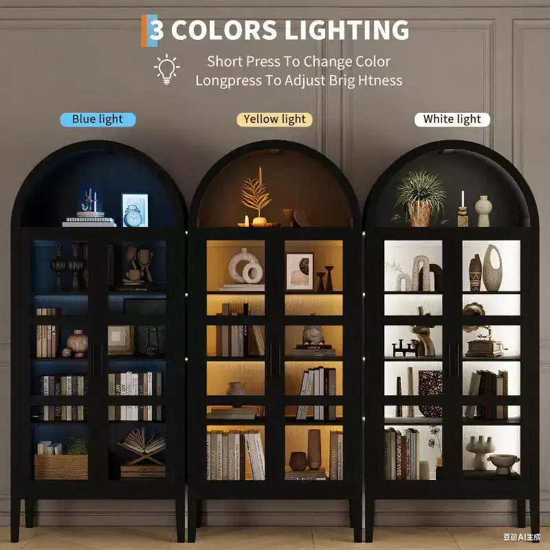 COZONY 70 Mobile dispensa da cucina ad arco con luci LED e ante in vetro, libreria con ripiani regolabili