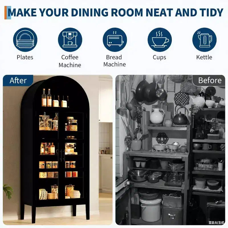 COZONY 70 Mobile dispensa da cucina ad arco con luci LED e ante in vetro, libreria con ripiani regolabili