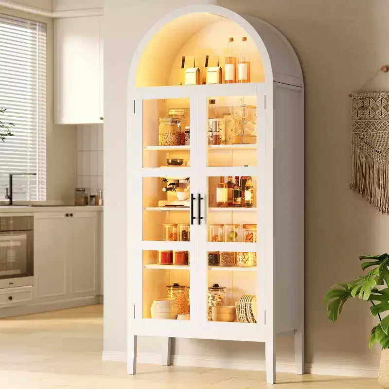 COZONY 70 Mobile dispensa da cucina ad arco con luci LED e ante in vetro, libreria con ripiani regolabili