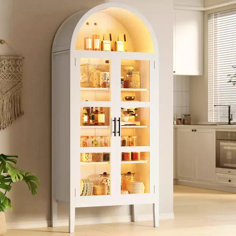 COZONY 70 Mobile dispensa da cucina ad arco con luci LED e ante in vetro, libreria con ripiani regolabili