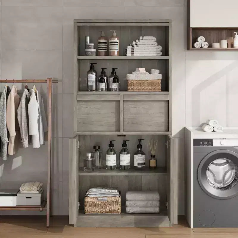 Mobiletto da bagno alto, Armadietto da terra con ante e 2 cassetti, Organizzatore da bagno alto 130 cm autoportante per bagno, soggiorno