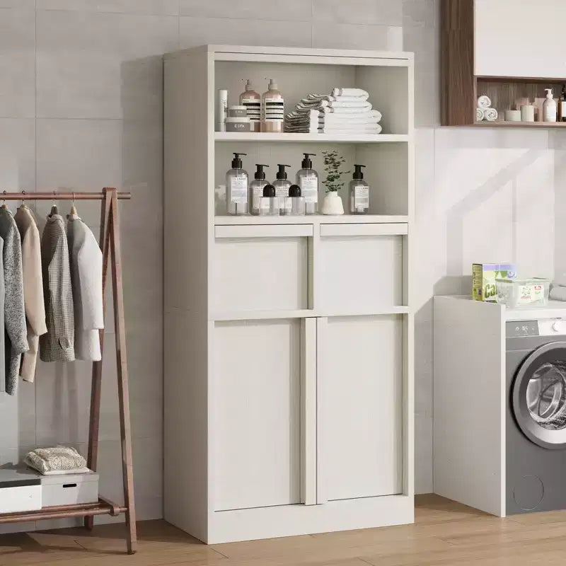 Mobiletto da bagno alto, Armadietto da terra con ante e 2 cassetti, Organizzatore da bagno alto 130 cm autoportante per bagno, soggiorno