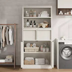 Mobiletto da bagno alto, Armadietto da terra con ante e 2 cassetti, Organizzatore da bagno alto 130 cm autoportante per bagno, soggiorno