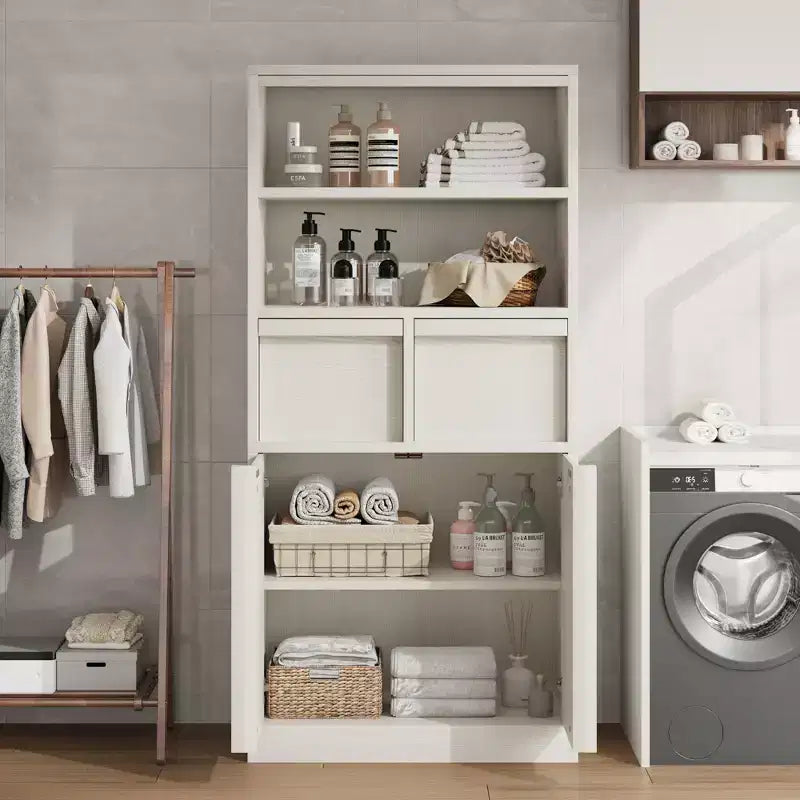 Mobiletto da bagno alto, Armadietto da terra con ante e 2 cassetti, Organizzatore da bagno alto 130 cm autoportante per bagno, soggiorno