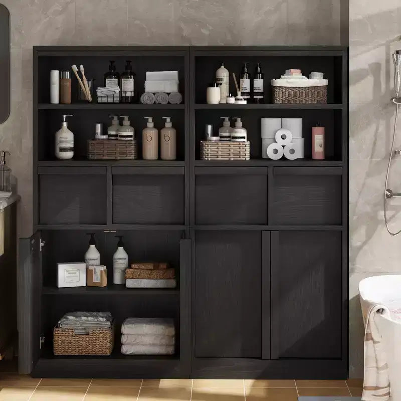 Mobiletto da bagno alto, Armadietto da terra con ante e 2 cassetti, Organizzatore da bagno alto 130 cm autoportante per bagno, soggiorno