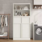 Mobiletto da bagno alto, Armadietto da terra con ante e 2 cassetti, Organizzatore da bagno alto 130 cm autoportante per bagno, soggiorno