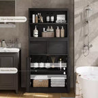 Mobiletto da bagno alto, Armadietto da terra con ante e 2 cassetti, Organizzatore da bagno alto 130 cm autoportante per bagno, soggiorno