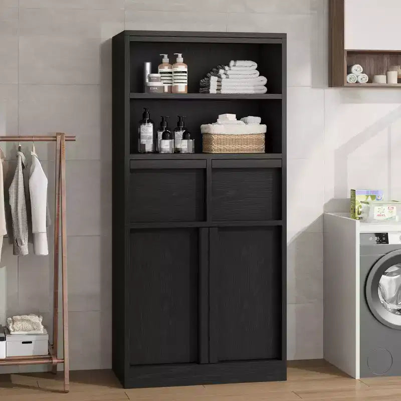 Mobiletto da bagno alto, Armadietto da terra con ante e 2 cassetti, Organizzatore da bagno alto 130 cm autoportante per bagno, soggiorno