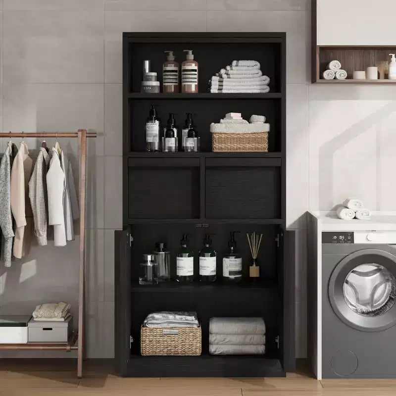 Mobiletto da bagno alto, Armadietto da terra con ante e 2 cassetti, Organizzatore da bagno alto 130 cm autoportante per bagno, soggiorno