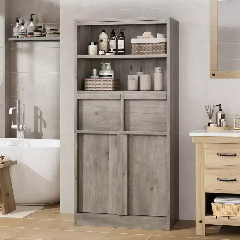 Mobiletto da bagno alto, Armadietto da terra con ante e 2 cassetti, Organizzatore da bagno alto 130 cm autoportante per bagno, soggiorno