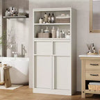 Mobiletto da bagno alto, Armadietto da terra con ante e 2 cassetti, Organizzatore da bagno alto 130 cm autoportante per bagno, soggiorno