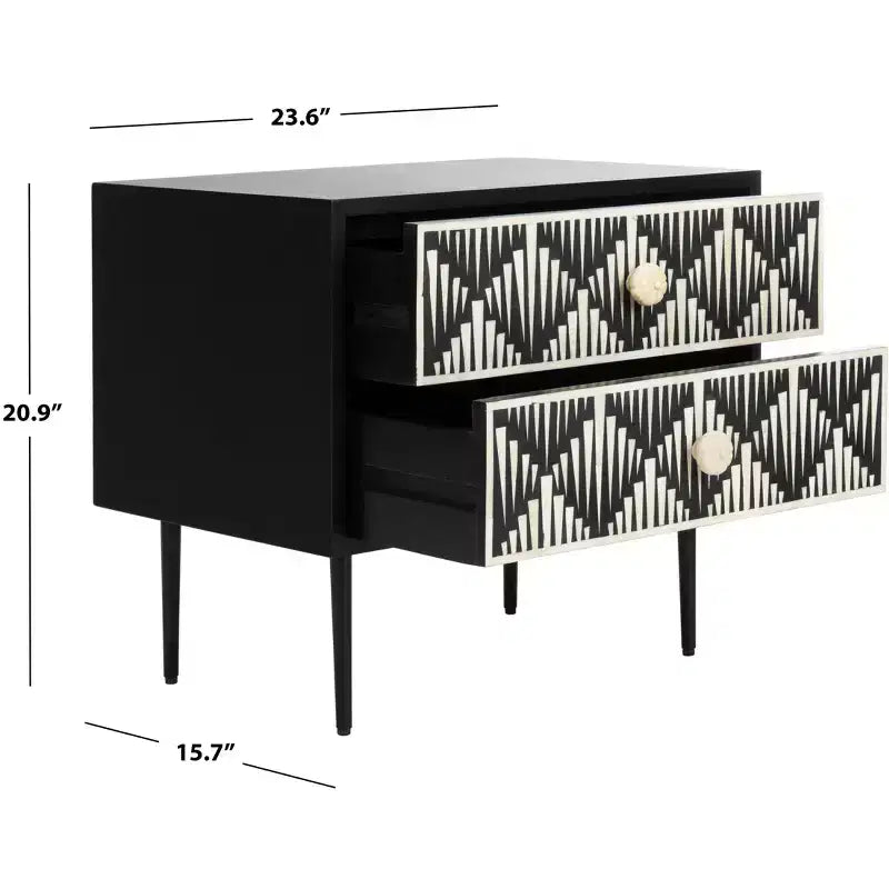 Tavolino Comodino Tessie a 2 cassetti con Intarsio in Osso - SFV6609 - Osso/Nero - Safavieh Couture