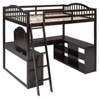 Letto a soppalco full-size con scrivania, letto a soppalco in legno con cassetti e mensole portaoggetti, letto a soppalco alto full-size con specchiera per bambini, ragazzi e adulti