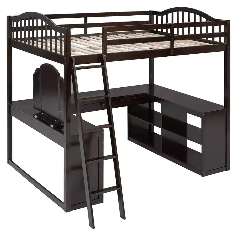 Letto a soppalco full-size con scrivania, letto a soppalco in legno con cassetti e mensole portaoggetti, letto a soppalco alto full-size con specchiera per bambini, ragazzi e adulti