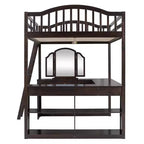Letto a soppalco full-size con scrivania, letto a soppalco in legno con cassetti e mensole portaoggetti, letto a soppalco alto full-size con specchiera per bambini, ragazzi e adulti