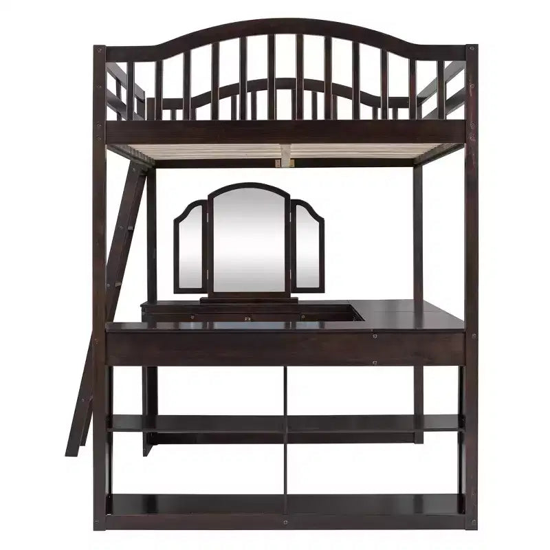 Letto a soppalco full-size con scrivania, letto a soppalco in legno con cassetti e mensole portaoggetti, letto a soppalco alto full-size con specchiera per bambini, ragazzi e adulti
