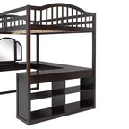 Letto a soppalco full-size con scrivania, letto a soppalco in legno con cassetti e mensole portaoggetti, letto a soppalco alto full-size con specchiera per bambini, ragazzi e adulti