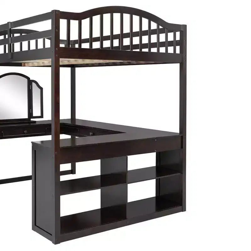 Letto a soppalco full-size con scrivania, letto a soppalco in legno con cassetti e mensole portaoggetti, letto a soppalco alto full-size con specchiera per bambini, ragazzi e adulti