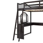 Letto a soppalco full-size con scrivania, letto a soppalco in legno con cassetti e mensole portaoggetti, letto a soppalco alto full-size con specchiera per bambini, ragazzi e adulti