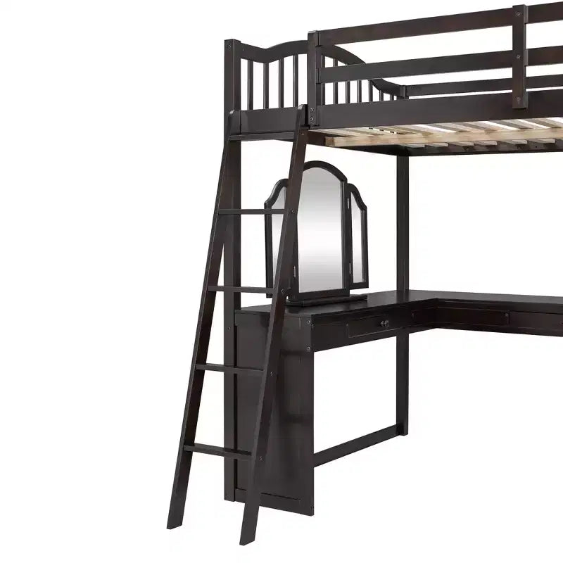 Letto a soppalco full-size con scrivania, letto a soppalco in legno con cassetti e mensole portaoggetti, letto a soppalco alto full-size con specchiera per bambini, ragazzi e adulti
