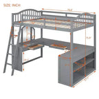 Letto a soppalco full-size con scrivania, letto a soppalco in legno con cassetti e mensole portaoggetti, letto a soppalco alto full-size con specchiera per bambini, ragazzi e adulti