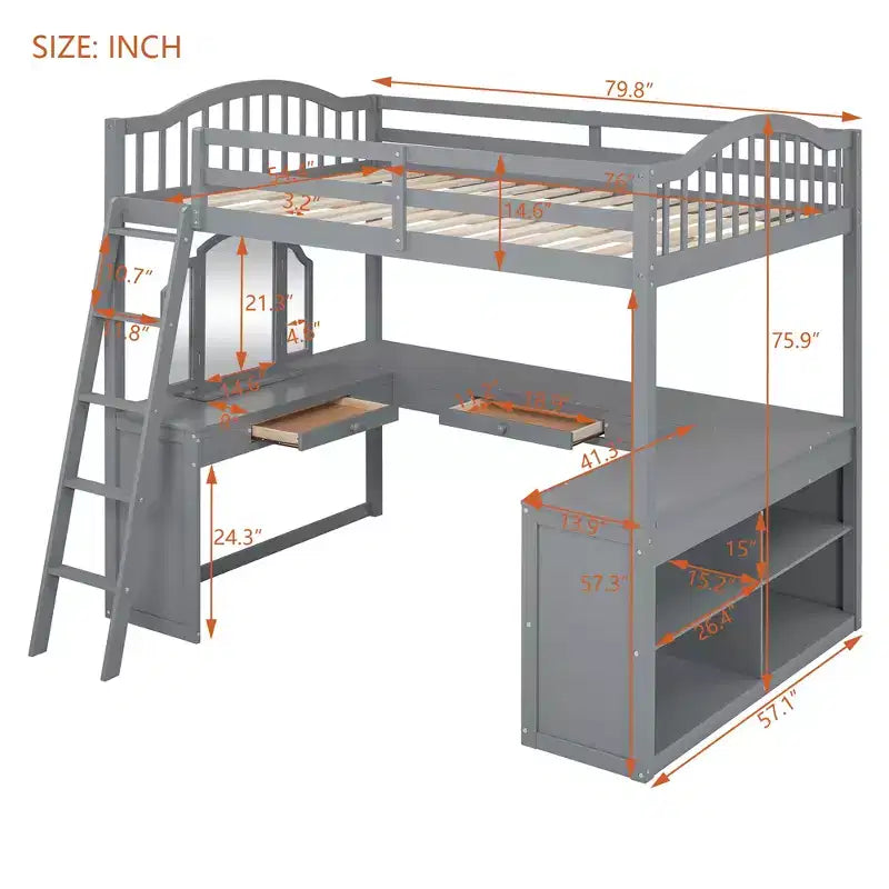 Letto a soppalco full-size con scrivania, letto a soppalco in legno con cassetti e mensole portaoggetti, letto a soppalco alto full-size con specchiera per bambini, ragazzi e adulti