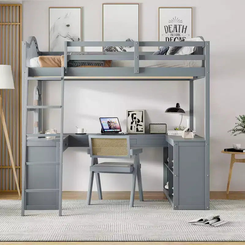 Letto a soppalco full-size con scrivania, letto a soppalco in legno con cassetti e mensole portaoggetti, letto a soppalco alto full-size con specchiera per bambini, ragazzi e adulti