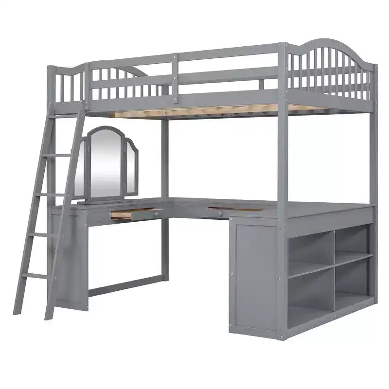 Letto a soppalco full-size con scrivania, letto a soppalco in legno con cassetti e mensole portaoggetti, letto a soppalco alto full-size con specchiera per bambini, ragazzi e adulti