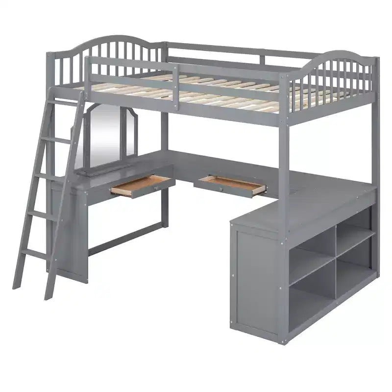 Letto a soppalco full-size con scrivania, letto a soppalco in legno con cassetti e mensole portaoggetti, letto a soppalco alto full-size con specchiera per bambini, ragazzi e adulti