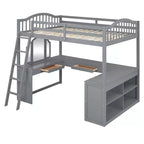 Letto a soppalco full-size con scrivania, letto a soppalco in legno con cassetti e mensole portaoggetti, letto a soppalco alto full-size con specchiera per bambini, ragazzi e adulti