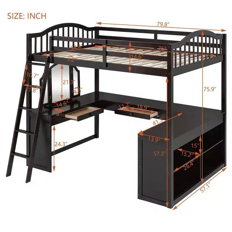 Letto a soppalco full-size con scrivania, letto a soppalco in legno con cassetti e mensole portaoggetti, letto a soppalco alto full-size con specchiera per bambini, ragazzi e adulti