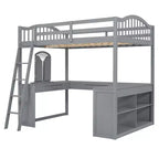 Letto a soppalco full-size con scrivania, letto a soppalco in legno con cassetti e mensole portaoggetti, letto a soppalco alto full-size con specchiera per bambini, ragazzi e adulti