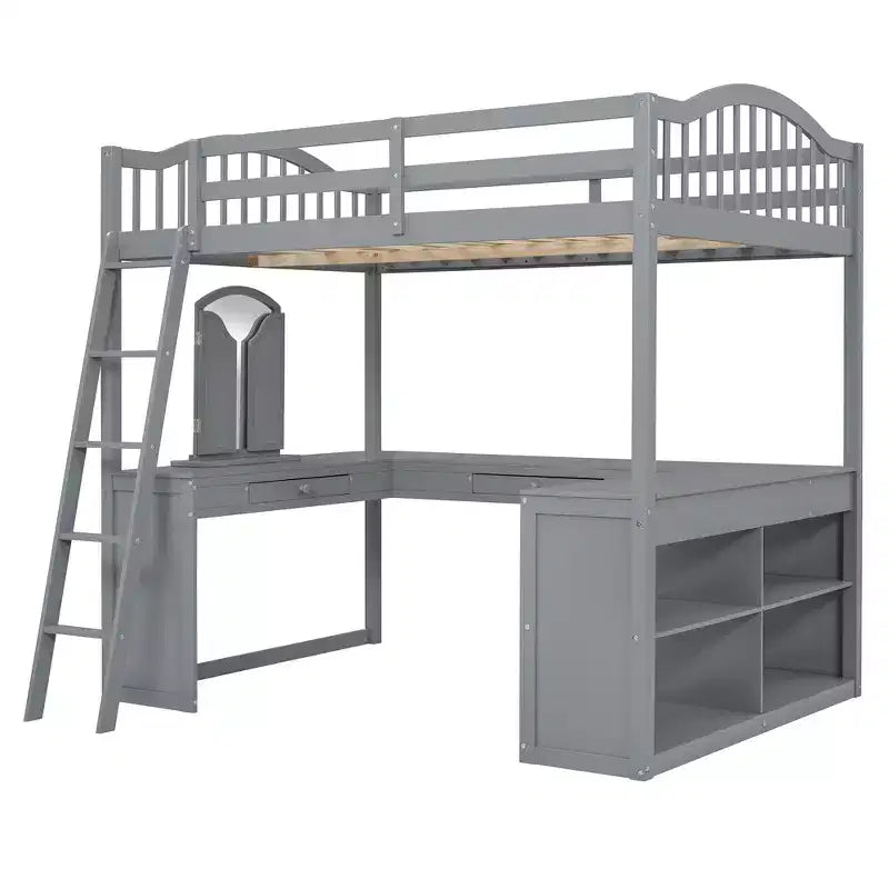 Letto a soppalco full-size con scrivania, letto a soppalco in legno con cassetti e mensole portaoggetti, letto a soppalco alto full-size con specchiera per bambini, ragazzi e adulti