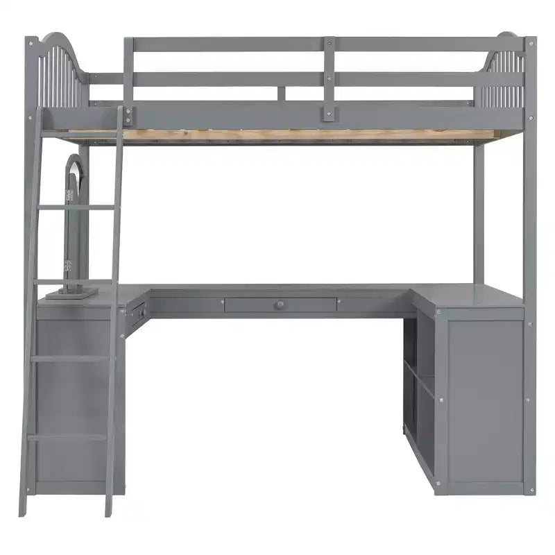 Letto a soppalco full-size con scrivania, letto a soppalco in legno con cassetti e mensole portaoggetti, letto a soppalco alto full-size con specchiera per bambini, ragazzi e adulti