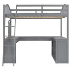Letto a soppalco full-size con scrivania, letto a soppalco in legno con cassetti e mensole portaoggetti, letto a soppalco alto full-size con specchiera per bambini, ragazzi e adulti