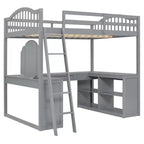 Letto a soppalco full-size con scrivania, letto a soppalco in legno con cassetti e mensole portaoggetti, letto a soppalco alto full-size con specchiera per bambini, ragazzi e adulti