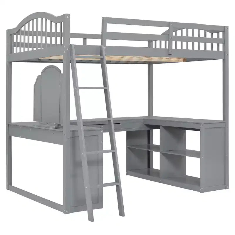 Letto a soppalco full-size con scrivania, letto a soppalco in legno con cassetti e mensole portaoggetti, letto a soppalco alto full-size con specchiera per bambini, ragazzi e adulti