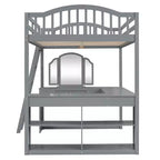 Letto a soppalco full-size con scrivania, letto a soppalco in legno con cassetti e mensole portaoggetti, letto a soppalco alto full-size con specchiera per bambini, ragazzi e adulti