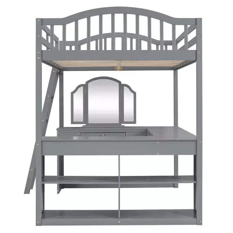 Letto a soppalco full-size con scrivania, letto a soppalco in legno con cassetti e mensole portaoggetti, letto a soppalco alto full-size con specchiera per bambini, ragazzi e adulti