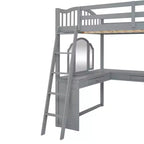 Letto a soppalco full-size con scrivania, letto a soppalco in legno con cassetti e mensole portaoggetti, letto a soppalco alto full-size con specchiera per bambini, ragazzi e adulti