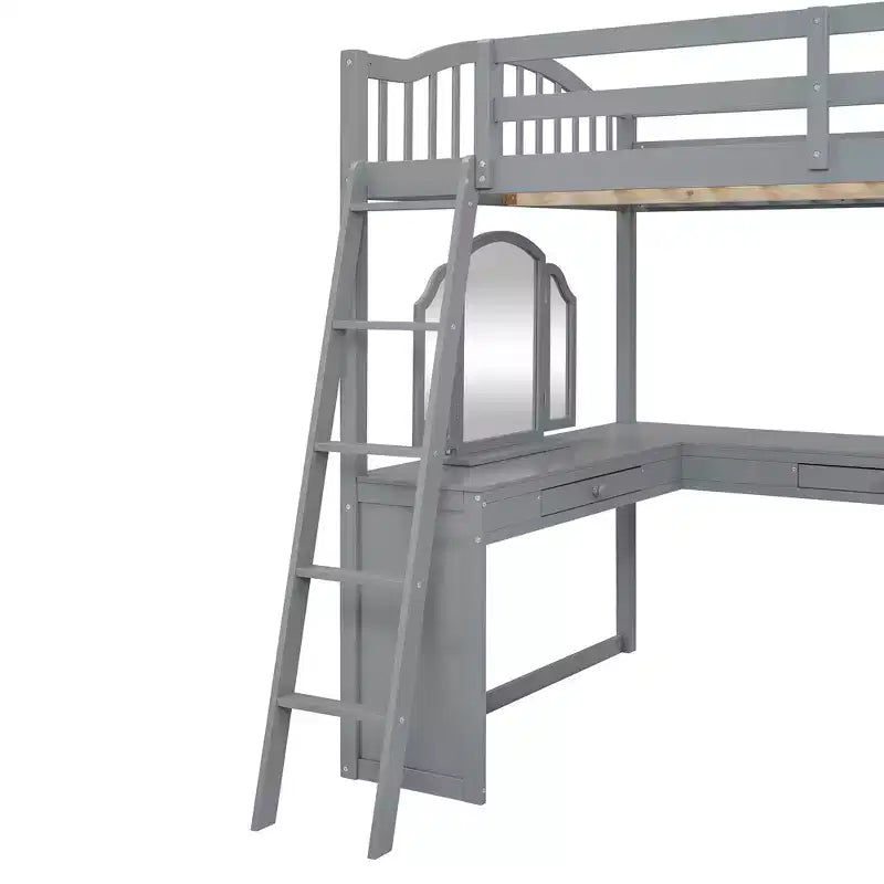 Letto a soppalco full-size con scrivania, letto a soppalco in legno con cassetti e mensole portaoggetti, letto a soppalco alto full-size con specchiera per bambini, ragazzi e adulti