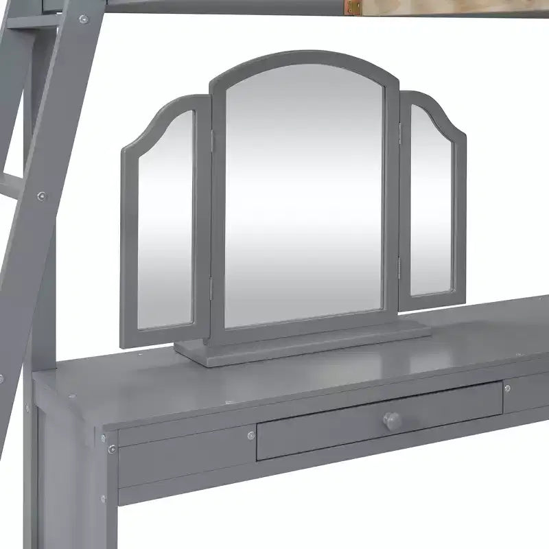 Letto a soppalco full-size con scrivania, letto a soppalco in legno con cassetti e mensole portaoggetti, letto a soppalco alto full-size con specchiera per bambini, ragazzi e adulti