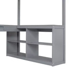 Letto a soppalco full-size con scrivania, letto a soppalco in legno con cassetti e mensole portaoggetti, letto a soppalco alto full-size con specchiera per bambini, ragazzi e adulti