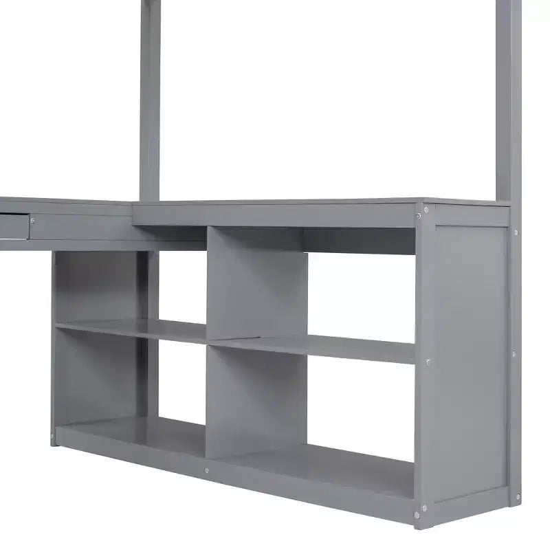 Letto a soppalco full-size con scrivania, letto a soppalco in legno con cassetti e mensole portaoggetti, letto a soppalco alto full-size con specchiera per bambini, ragazzi e adulti