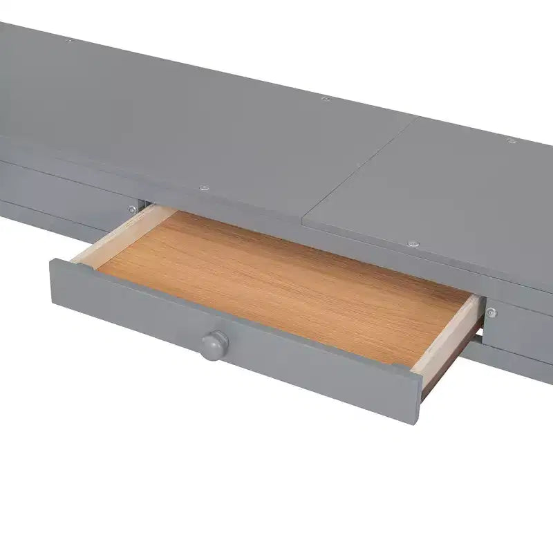 Letto a soppalco full-size con scrivania, letto a soppalco in legno con cassetti e mensole portaoggetti, letto a soppalco alto full-size con specchiera per bambini, ragazzi e adulti