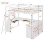 Letto a soppalco full-size con scrivania, letto a soppalco in legno con cassetti e mensole portaoggetti, letto a soppalco alto full-size con specchiera per bambini, ragazzi e adulti