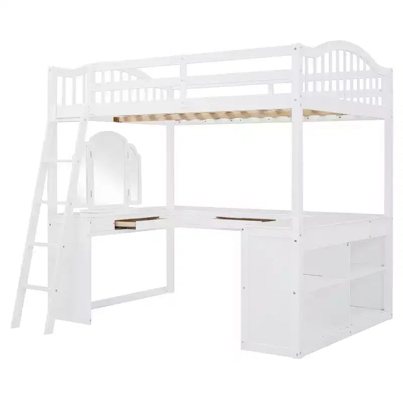 Letto a soppalco full-size con scrivania, letto a soppalco in legno con cassetti e mensole portaoggetti, letto a soppalco alto full-size con specchiera per bambini, ragazzi e adulti
