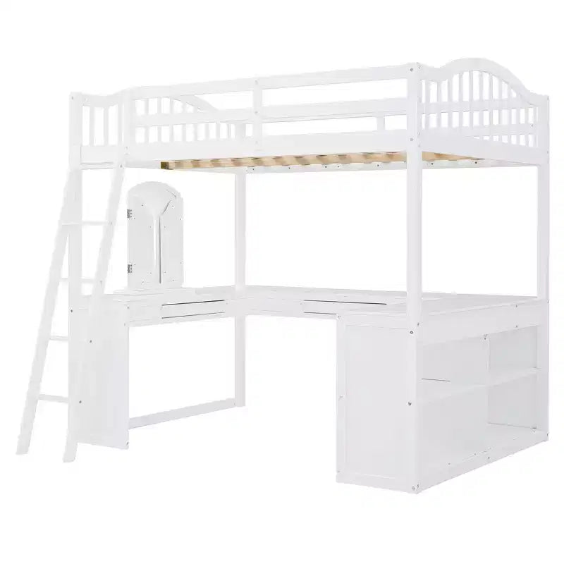 Letto a soppalco full-size con scrivania, letto a soppalco in legno con cassetti e mensole portaoggetti, letto a soppalco alto full-size con specchiera per bambini, ragazzi e adulti