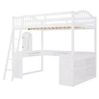Letto a soppalco full-size con scrivania, letto a soppalco in legno con cassetti e mensole portaoggetti, letto a soppalco alto full-size con specchiera per bambini, ragazzi e adulti
